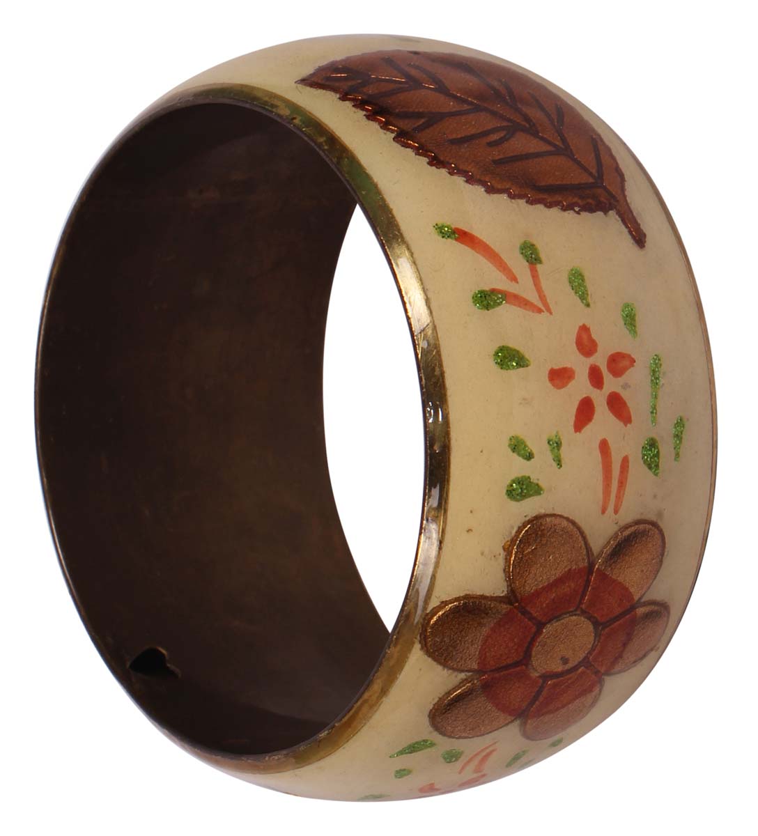 Round Broad Bangle - Floral & Leafy Motifs - Multicolored Exteriors - Dull Golden Finish Interiors - Handmade in Brass & Iron - Fashion Accessories - Unique Metal Jewelry - Buy in Bulk Wholesale